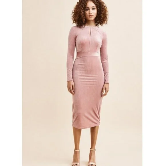 Dynamite Pink Ribbed Velvet Midi Dress – Long Sleeve Bodycon - Picture 2 of 15